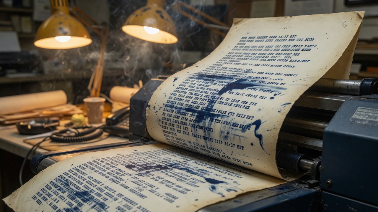Ink-stained teletype copy rolling off a wire printer