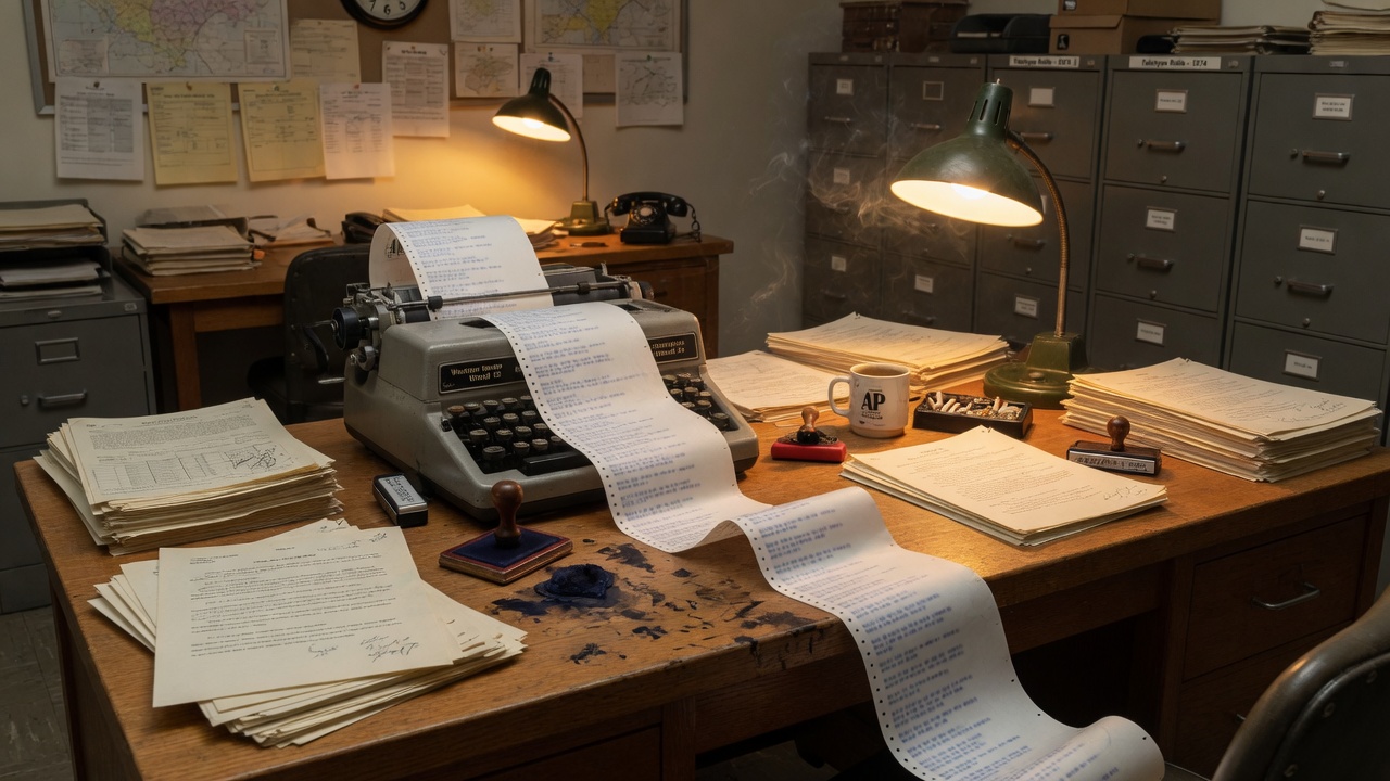 Typewriter copy spilling across a wire desk with an AP mug and ink pad